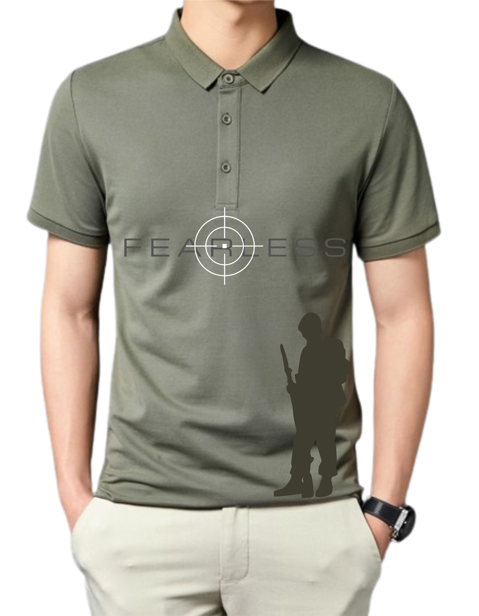 'Fearless' Army Green Basic Cotton Polo T-shirt